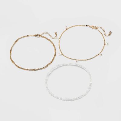 Pearl Drop Beaded Chain Anklet Set 3pc - a New Day Gold: Lobster Claw Clasp, Brass Material, 9.5" Length, Multi-Strand - Bellso